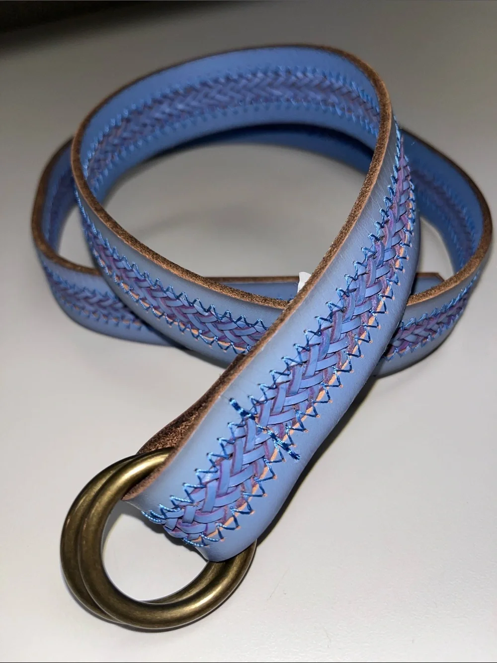 J. Crew Pale Blue Braided Leather Belt with Antique Brass Rings XS/S